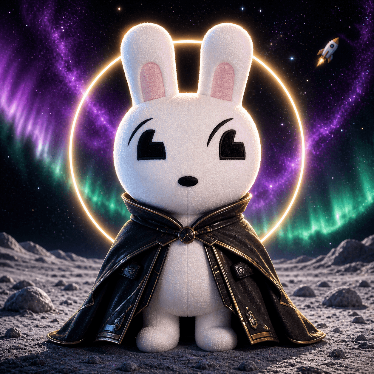 White plush rabbit looking toward a luminous moon